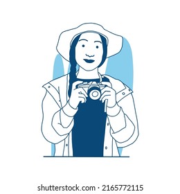 flat style vector illustration beautiful girl Professional photographer and equipment concept