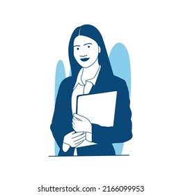 flat style vector illustration beautiful business girl carrying laptop computer 
