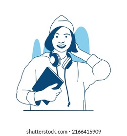 flat style vector illustration beautiful college student girl hang headphones on neck with holding book