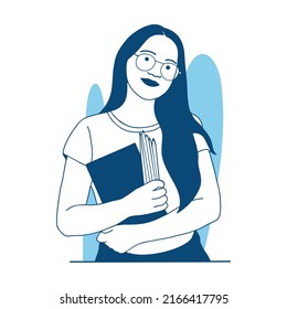 flat style vector illustration beautiful college student girl holding pen and books in her hands