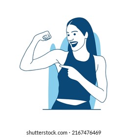 flat style vector illustration beautiful Girl showing muscles after workout