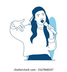 Flat Style Vector Illustration Beautiful Girl Rapper Hold Microphone With Hat