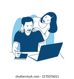 flat style vector illustration Beautiful young couple is using a laptop work from home