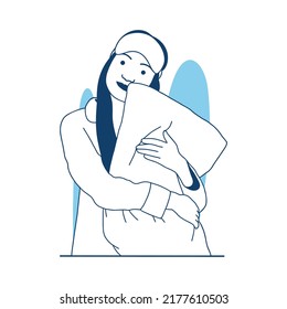 flat style vector illustration a beautiful Girl hugs a pillow