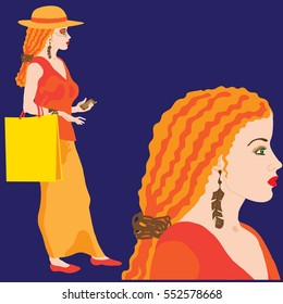 Flat style vector illustration of a beautiful fashionable young woman with shopping bag and mobile phone.