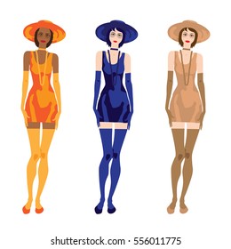 Flat style vector illustration of a beautiful fashionable young woman. 3 different types of model ethnicity. 3 different color schemes.