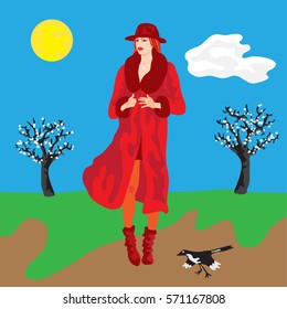 Flat style vector illustration of a beautiful fashionable Asian woman in red and a spring countryside in the background.