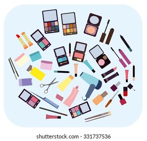 Flat style vector illustration. Beauty and care cosmetic products and make up elements colorful icons.  Vector cosmetic isolated.