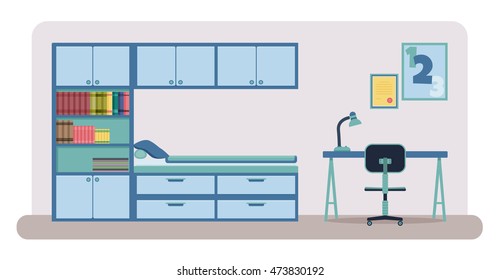 Flat style vector illustration of a bedroom interior. Child bedroom with closet, bookshelves, bed, desk and a chair.