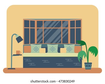 Flat style vector illustration of a bedroom interior. Bed near a large window with lots of pillows and decorative cushions.