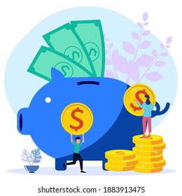 Flat style vector illustration, big piggy bank, financial services, character of people involved in work, saving or collecting money, coin box with falling.