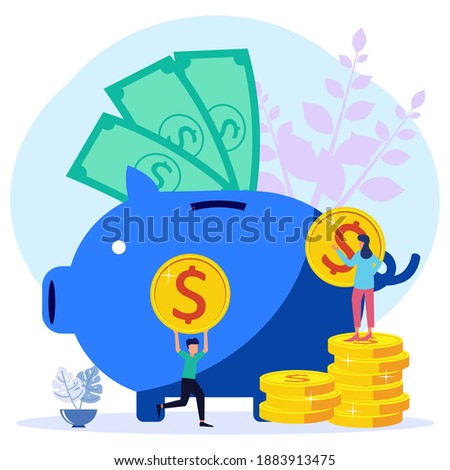 Flat style vector illustration, big piggy bank, financial services, character of people involved in work, saving or collecting money, coin box with falling.