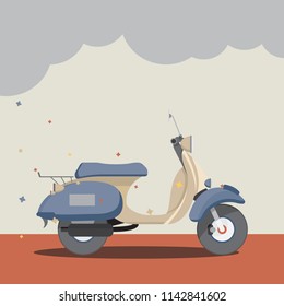 Flat style vector illustration of blue retro scooter on gray background.