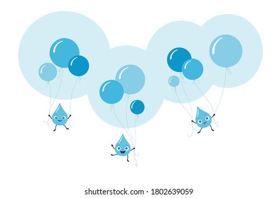 Ilustración vectorial de estilo plano de las gotas de agua azul y lluvia que vuelan con globos de burbuja azul. Composición de niños para tarjetas, fondos, impresiones de tela, etc. Personajes alegres y divertidos de dibujos animados.