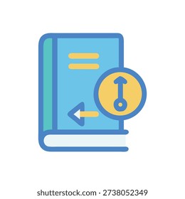 Flat style vector illustration of a book icon with arrows and timer symbol. Represents borrowing return time management.