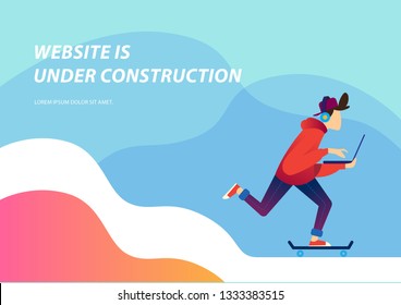 Flat Style Vector Illustration Boys With Laptop And Skateboard With Background Website Dashboard Under Contruction