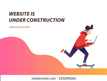 Flat Style Vector Illustration Boys With Laptop And Skateboard With Background For Website Under Contruction Design