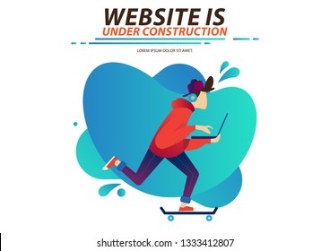 Flat Style Vector Illustration Boys With Laptop And Skateboard With Background Website Dashboard Under Contruction