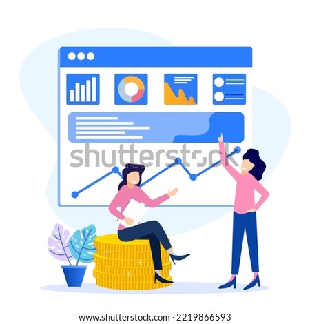 Flat style vector illustration of a brilliant business achievement. Office Workers Celebrate career advancement with graphic analysis. Celebrating victory and bright future.