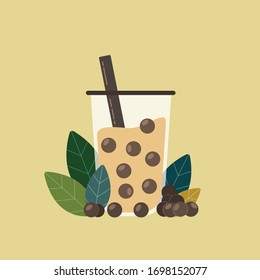 flat style vector illustration of bubble milk tea with black pearl and tea leaves. Cartoon of sweet and delicious beverage. Boba tea, Taiwan boba tea.