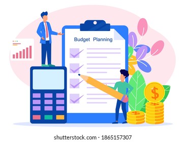 Flat style vector illustration. Budget planning concepts, financial analysts on paper checklists, new financial plan chart data, balance sheet financial statements.
