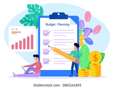 Flat style vector illustration. Budget planning concepts, financial analysts on paper checklists, new financial plan chart data, balance sheet financial statements.