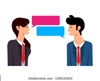 flat style vector illustration of business men and women talk each other with dialogue speech bubbles. talking characters in formal clothes