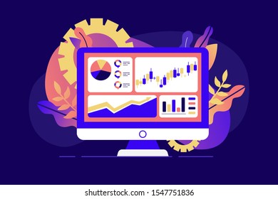 Flat style vector illustration of business analysis with Japanese candlesticks graph pattern. Online trading, stock market, investment and exchange. Banner template on dark background