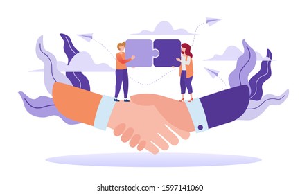 Flat style vector illustration business concept, done deal, partnership concept, agreement of parties, hand shake, complete