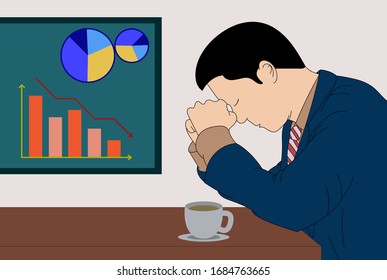 
Flat style vector illustration of a business man feel depressed due to the bad economy. Bad investment or economic crisis concept. Business people are disappointed by losing in a business situation.