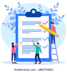 Flat style vector illustration. Business Team fills out a checklist on the clipboard paper. Big pencil, mission concept finished for web pages, banners, presentations, social media, documents, cards, 