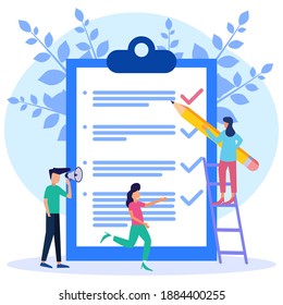 Flat style vector illustration. Business Team fills out a checklist on the clipboard paper. Big pencil, mission concept finished for web pages, banners, presentations, social media, documents, cards, 