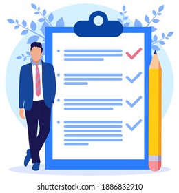 Flat style vector illustration. A business man in a formal suit fills out a checklist on clipboard paper. Big pencil, mission concept complete.