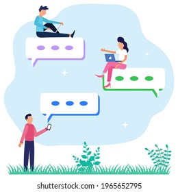 Flat style vector illustration of business people discussing via social network, news, social network, dialogue, texting, group.