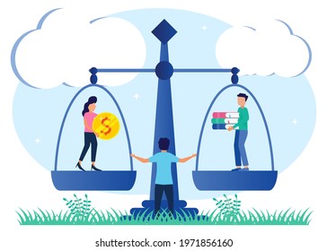 Flat style vector illustration of business education concept. The character of a person with a balance. symbol of balance of knowledge and finance.