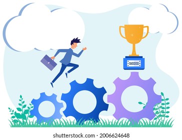 Flat style vector illustration, business concept. Reaching the goals of the businessman climbing the ladder of success. Professional growth, self-confidence, determination and clear motivation.