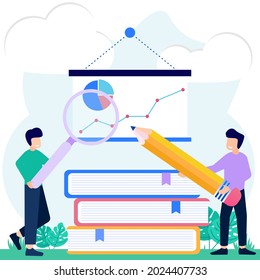 Ilustración vectorial de estilo plano, gente de negocios estudiando infografías, análisis vectorial de escala evolutiva. Rápido crecimiento de los negocios.