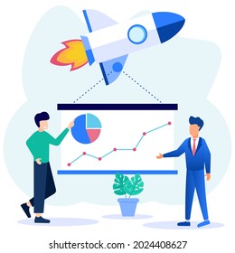 Flat style vector illustration of business character thinking of an idea. Prepare business start-up projects. career revival to success, presentation.