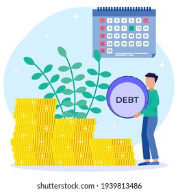 Flat style vector illustration. A businessman lifts a debt load up the coin ladder. The concept of credit slavery.