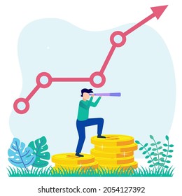 Flat style vector illustration, businessman building having a business increase. The company achieved a rise in the startup vector.