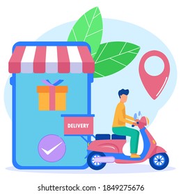 Ilustración vectorial de estilo plano. Compra en línea. El mensajero de la motocicleta envía la caja del paquete. Smartphone con aplicación móvil para seguimiento de envío Concepto de Logística Inteligente.