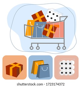 Ilustración vectorial plana de supermercado de carretas, carro de compras lleno de cosas como regalos, juego de papel higiénico, una caja y bolsas de compras.