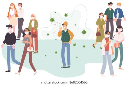 Flat style vector illustration of cartoon character man sneezing or cough in the crowd. People in face mask protect themself from germ. Fear of contagious disease. Anxiety about Wuhan corona virus.