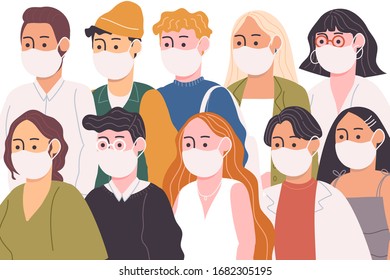 Flat style vector illustration of cartoon character people in white medical face mask protect themself from germ. Fear of contagious disease. Anxiety about Corona virus covid-19. New normal.