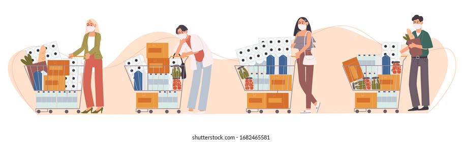 Flat style vector illustration of cartoon character People in face mask are panic shopping. Food and supplies store up. Anxiety about suffered from disease outbreak.