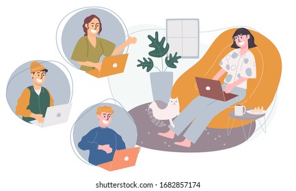 Flat style vector illustration of cartoon character working from home. Concept of people working online, meeting conference at home. Social-distance during corona virus quarantine. New normal.