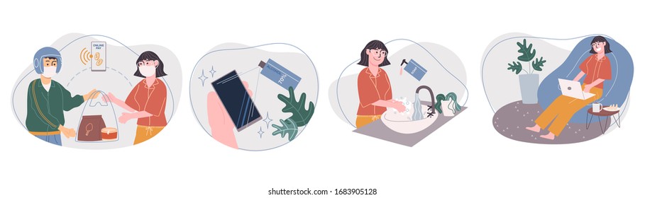 Ilustración vectorial de estilo plano del estilo de vida de la mujer caricaturista en casa. Use el servicio de entrega de comida, Spray alcohol en el teléfono, lavarse las manos, trabajar desde casa. Distancia social durante la cuarentena.