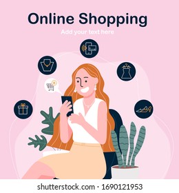 Dibujo vectorial de caricatura de mujer feliz haciendo compras en línea en el smartphone. Fácil planilla móvil de banner para la aplicación y el sitio web. Elemento de marketing digital.