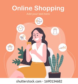 Dibujo vectorial de caricatura de mujer feliz haciendo compras en línea en el smartphone. Fácil planilla móvil de banner para la aplicación y el sitio web. Elemento de marketing digital.
