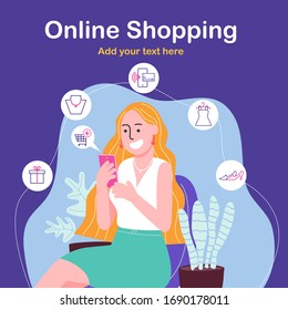 Dibujo vectorial de caricatura de mujer feliz haciendo compras en línea en el smartphone. Fácil planilla móvil de banner para la aplicación y el sitio web. Elemento de marketing digital.